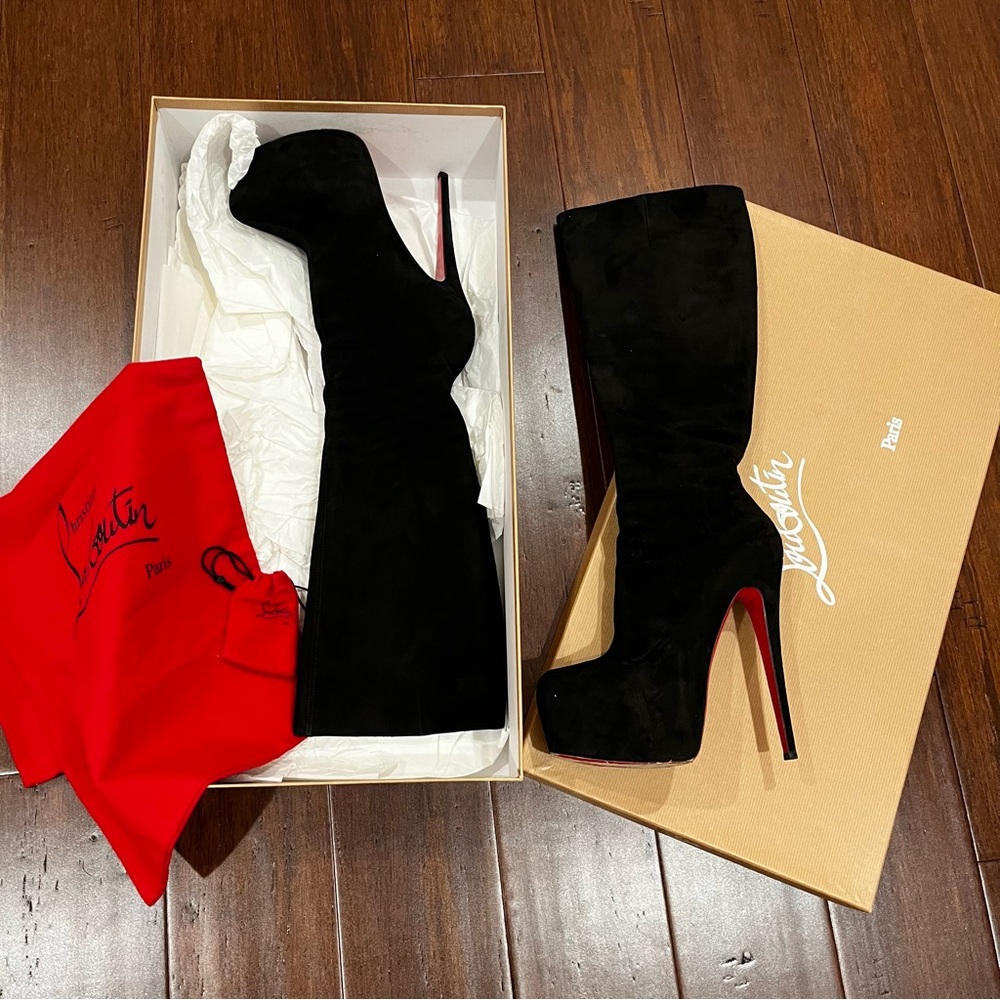 Christian Louboutin DAF BOOT Suede Royal Black Knee-High Boots size 38 1/2